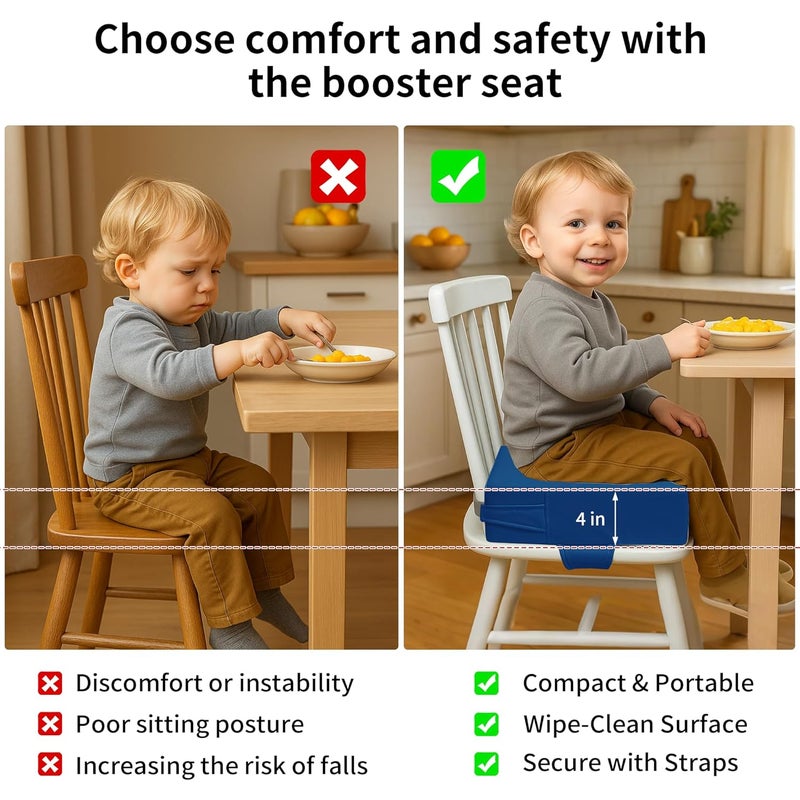 AAAini Toddler Booster Seat for Dining Table – PU Washable Cushion with Double Safe Straps, Non-Slip Bottom, Portable Travel Booster Seat for Toddlers (Dark Blue) - Image 4